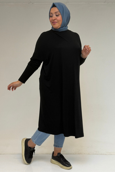 Eslina 28092 Large Size Low Sleeve Combed Cotton Tunic-black