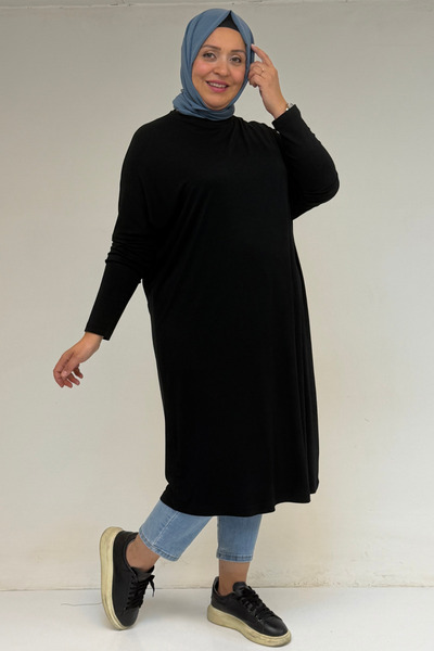 Eslina 28092 Large Size Low Sleeve Combed Cotton Tunic-black