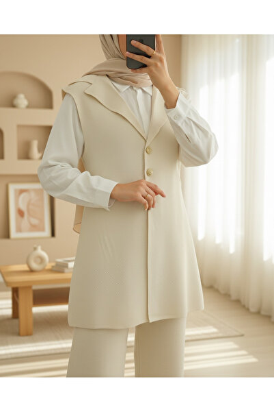 Modamorfo Buttoned V-Neck Vest Pants Knitwear Set - Cream