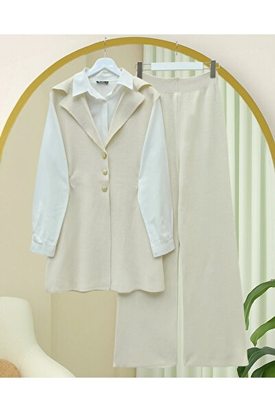Modamorfo Buttoned V-Neck Vest Pants Knitwear Set - Cream