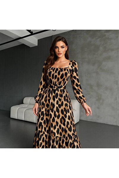 twomeey Γυναικείο φόρεμα από ύφασμα με λεοπάρ μοτίβο με ζώνη
