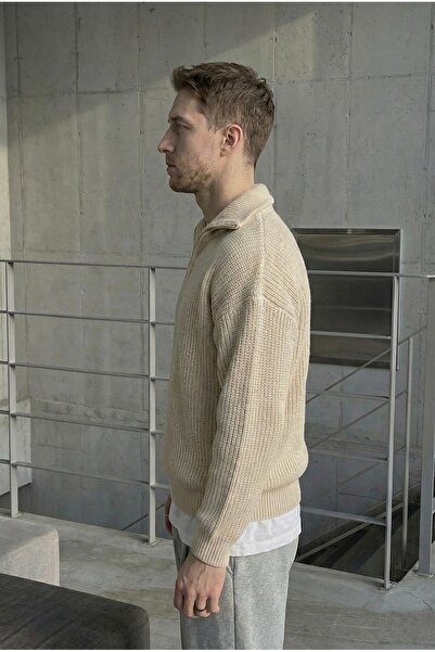 COOL TARZ Mink Men's Oversize Zippered Fisherman Knitwear Sweater