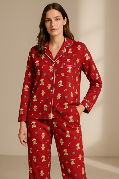 Katia&Bony Women's Teddy Patterned Christmas Themed Pajama Set Red