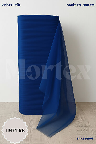Mortex Saks Mavi Kristal Tül Boy 1 MT En Sabit 3 MT Nişan, Kına, Düğün, Bohça...