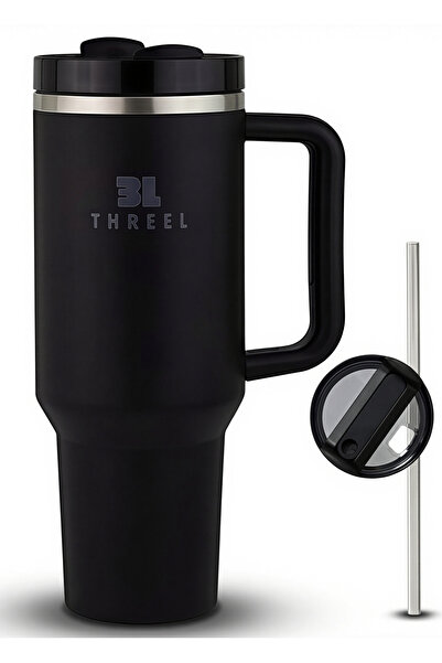 Generic 3L THREEL H2.0 1.18L Tumbler with Handle & Straw, Insulated Stainless Steel Coffee Tumbler, (Black)