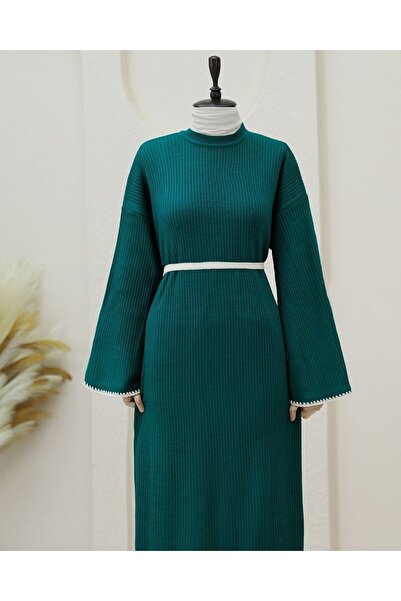 Modamorfo Lace-Up Knitwear Dress with Embroidered Hem and Sleeves - Emerald
