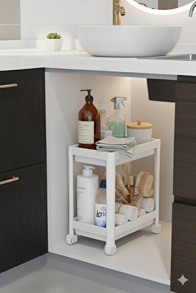 DEYHOME رف منظم بعجلات من طبقتين باللون الأبيض، وخزانة الحمام، وطاولة المطبخ وقاعدة الحوض، وحامل المنظفات