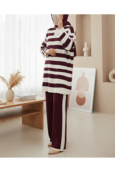 Modamorfo Half Turtleneck Collar Buttoned Thick Striped Knitwear Set - Burgundy