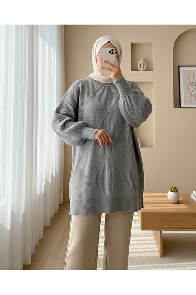 Modamorfo Round Neck Diamond Pattern Slit Knitwear Sweater -Gray