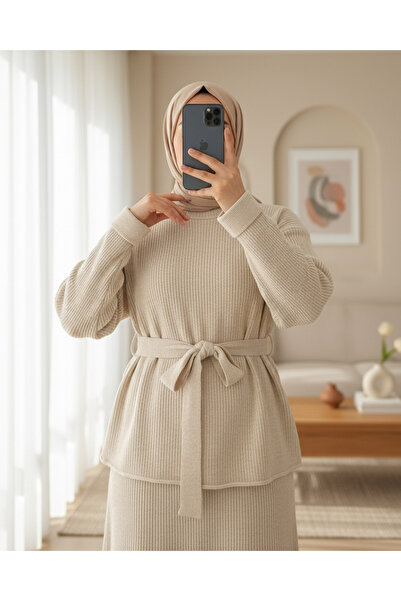 Modamorfo Σετ πλεκτό με λαβή που διπλώνεται, ζώνη μέσης και σκίσιμο - Πέτρα