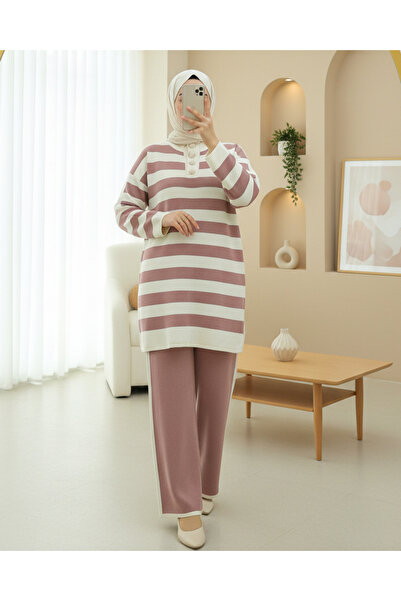 Modamorfo Half Turtleneck Buttoned Thick Striped Knitwear Set -G.Kurusu