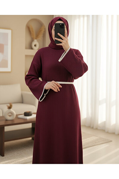 Modamorfo Etek Ucu Ve Kolları Nakışlı Bağcıklı Triko Elbise -Bordo