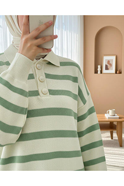 Modamorfo Polo Neck Buttoned Striped Knitwear Set - Green