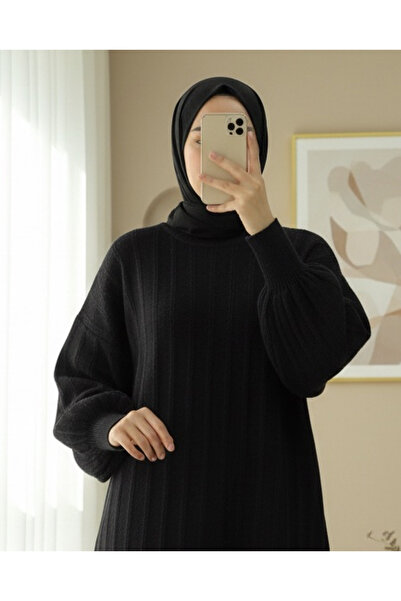 Modamorfo Corded Fabric Slit Yumoş Knitwear Tunic -Black