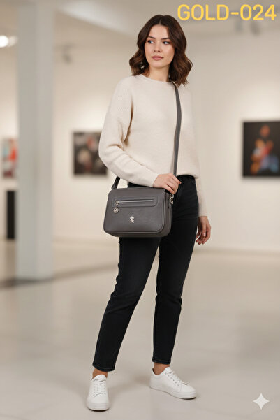 GOLDBAGS حقيبة يد وكتف نسائية من الجلد مكونة من 3 أقسام – رمادي