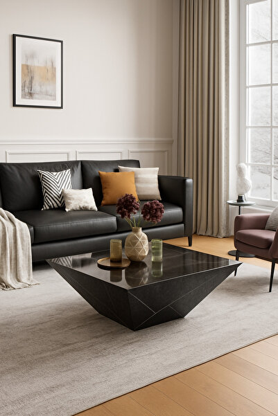 ERİZA Daniel Kare Prizma Orta Sehpa, Siyah Ahşap Mermer Desenli