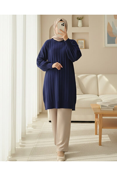 Modamorfo Corded Fabric Slit Yumoş Knitwear Tunic - Navy