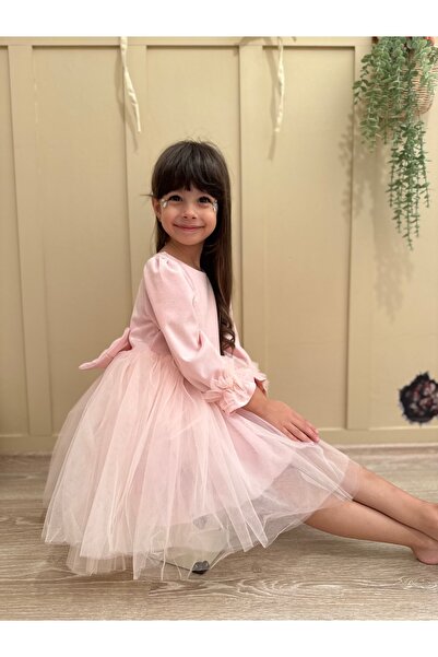 penu baby kids Pembe Pırıltı Kumaş Altı Tül Etekli Pamuk Astarlı Fiyonklu Uzu...