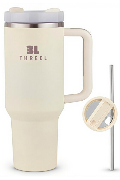 Generic كوب قهوة معزول من الفولاذ المقاوم للصدأ سعة 3 لترات THREEL H2.0 سعة 1.18 لترًا بمقبض وقشة، (كريمي)