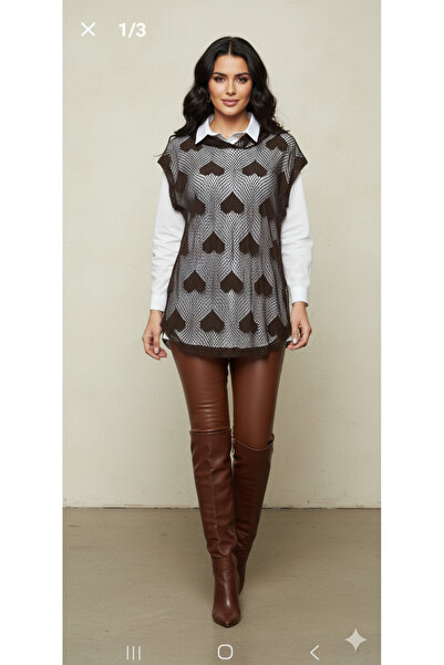 MODA Acı kahve kalp desenli file kapüşonlu bluz