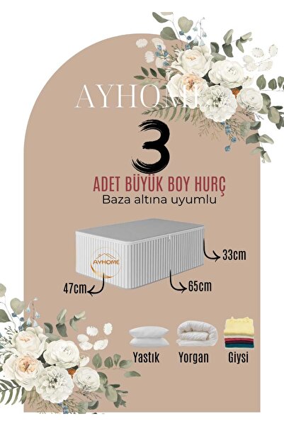AYHOME 3 Adet 40 X 40 X 30 Cm Baza Altına Uyumlu Gri Renk Yorgan Yastık Orta ...