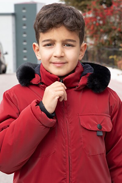 Cansın Mini Claret Red Snap Fastener Chest Pocketed Fur Lined Boy's Hooded Coat 21350