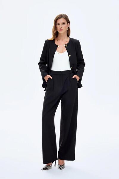 Quzu Kadın Bol Paça Kumaş Pantolon Siyah