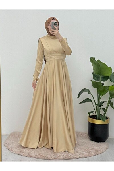HİJABAYA Beli Plise Detaylı önü çift Kat Saten Abiye