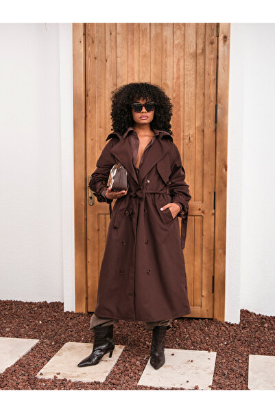HOPE AND ME Brown Double-Breasted Collar Lined Long Trench Coat