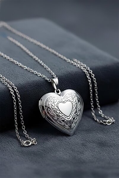 FG KONNİCHİWA Women's Steel Clad Heart Necklace Steel Chain Photo Insertable Necklace with Twisted Chain