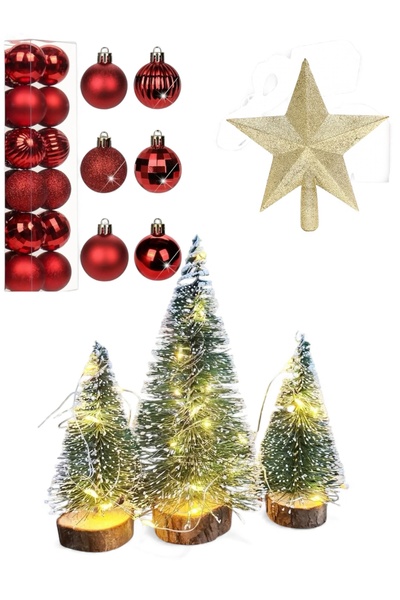 Yenigeldi Σετ 3 Μίνι Πεύκα – (2 Τεμάχια 10 εκ., 1 Τεμάχιο 15 εκ.) + Φωτιστικό LED Fairy + Αστέρι κορυφής 15 εκ.