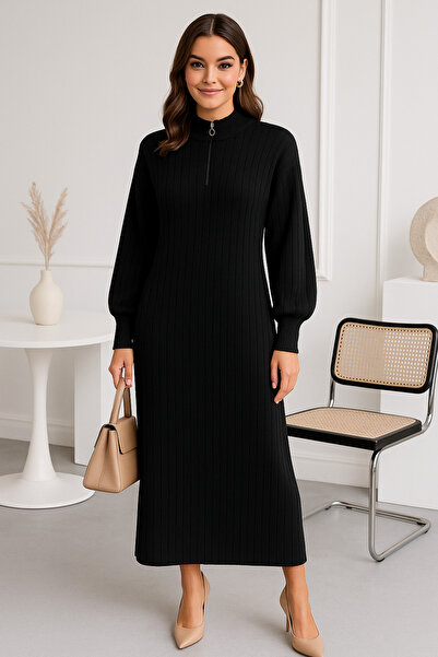 semela New Season Ribbed Zipper Detail Long Dress