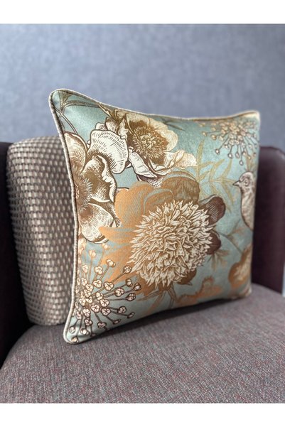 Fabricland Imported Silk Velvet Bird Pattern Mint Green Throw Pillow Cover 43X43Cm (Double-Sided Pattern)