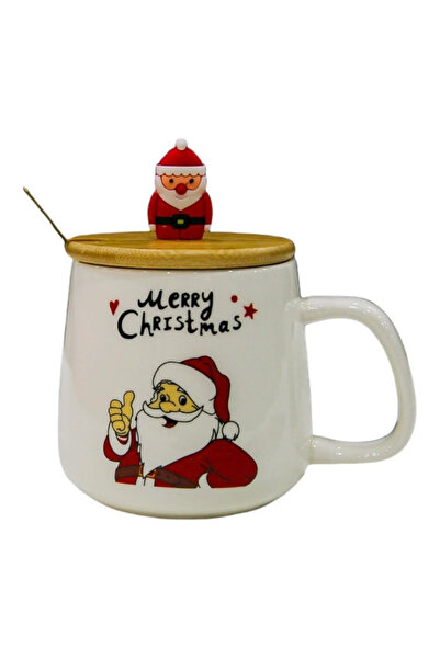 UKR كوب سانتا كلوز لعيد الميلاد، 14 أونصة مع ملعقة وغطاء (سيراميك، 400 مل)