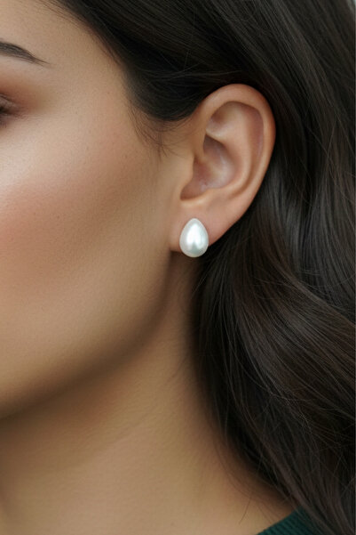 mefshop Zarif 925 Ayar Gümüş Damla Form İnci Küpe | 8x12 mm Özel Kesim İncili...