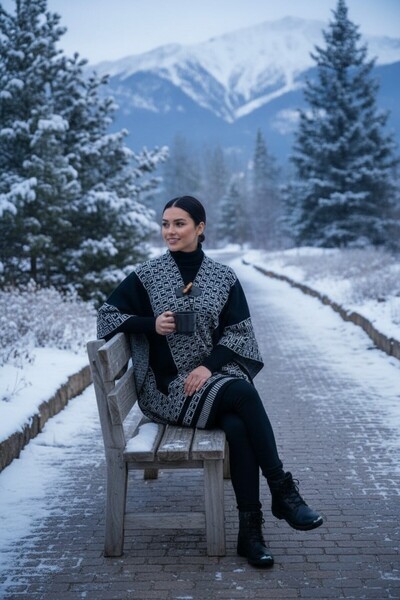 Onur Ψάθινο μοτίβο Τιρίκο Παντσό Χοντρό χειμωνιάτικο νέο προϊόν με κουμπιά Άν...