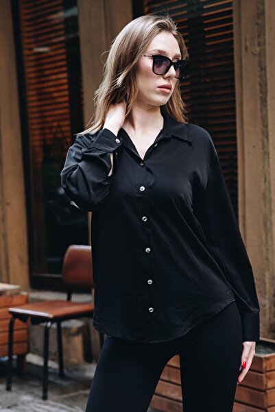 Cochines Women's Black Lightweight Flowy Oversized Satin Surface Stylish Business Women Long Sleeve Shirt