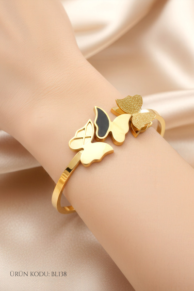 Çelik Kelebek Figürlü Altın Renk Kelepçe Bileklik