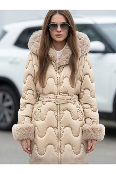 SETTY KOOP Women’s Winter Puffer Coat with Faux Fur Hood and Cuffs – Warm Belted Long Jacket geacă de femei