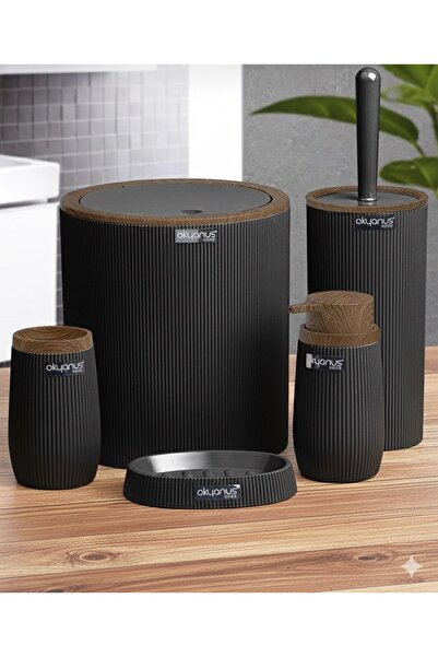 Okyanus Home مجموعة حمام مستديرة مخططة من الخشب الأسود مكونة من 5 قطع