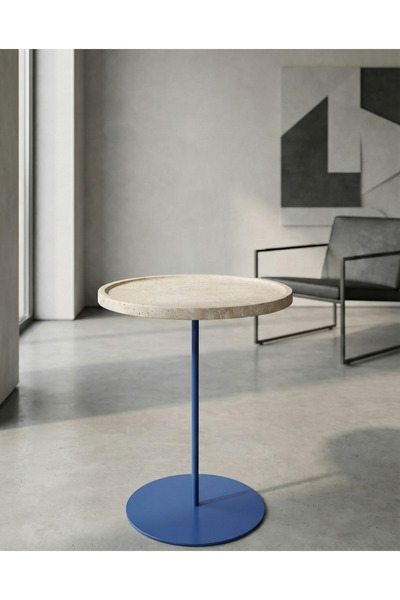 blomhom Traverten Mermer Yuvarlak Yan Sehpa - Metal Ayaklı - 2 Parça Set - Mo...