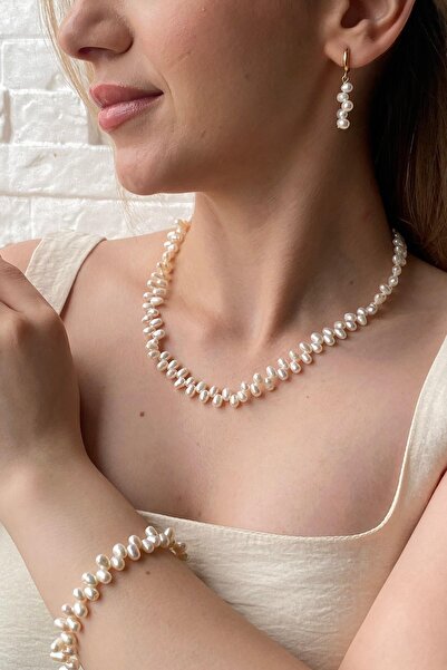 Birinci 14 Ayar Altın 5 mm Barok Doğal İnci Kolye Bileklik Küpe Üçlü Set