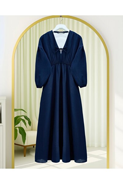 Modamorfo Yakası Bağlamalı Kolu Ve Beli Lastikli Müslin Elbise -Laci