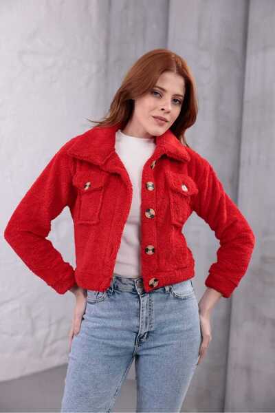 Azra Moda Style Plush Jacket Welsoft Buttoned Pocket Women's