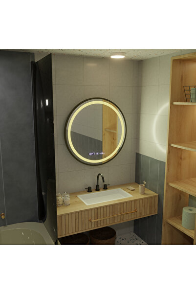 Celeste Oglindă rotundă cu LED, 60 cm - Majeste Noir MotionGlow Marcello, antiaburire, ceas și termometru, D