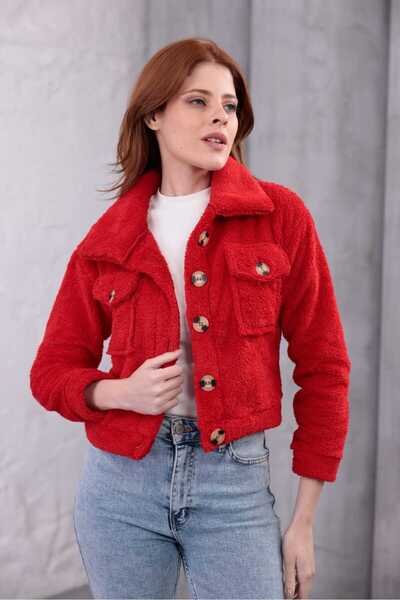 Azra Moda Style Plush Jacket Welsoft Buttoned Pocket Women's