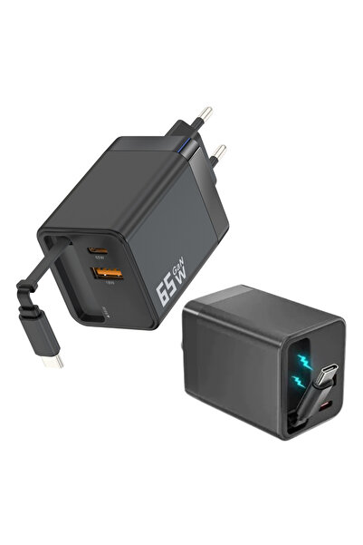 OEM Incarcator retea 65W cablu retractabil, 1x USB, 1x USB-C, incarcare rapid...