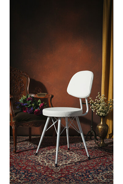Kalafika Kav Mutfak ve Salon Sandalyesi-Beyaz Metal Gövde Beyaz Deri