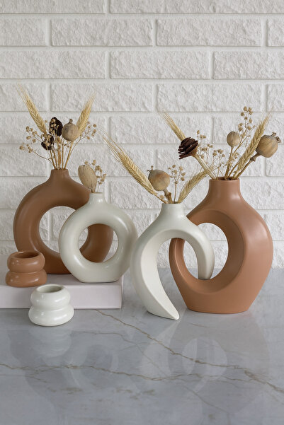 Zigzag Home Dekoratif 6 parça vazo set 2 li halka 2 li sevgili sarmaşık 2 li mumluk set, Kahve Bej Biblo Set