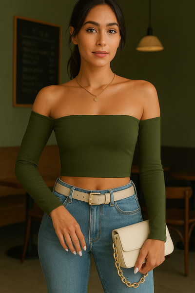 Olyssia Жіночий 3-пакетний комплект Блуза з коміром-мадонною Облягаючий еластичний кроп-бюстьє з довгими рукавами – стильний і модний верх